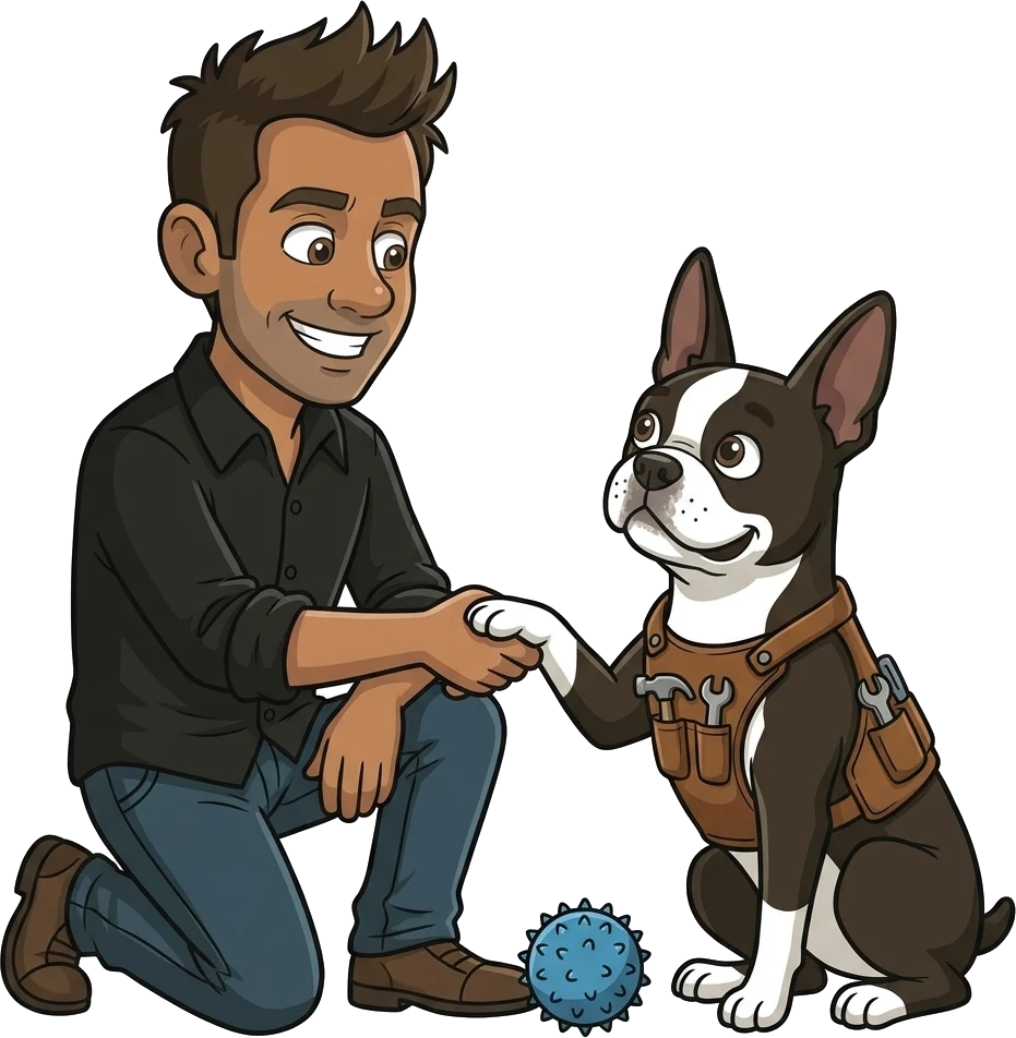 Cartoon of BJ kneeling and shaking paws with his Boston terrier Bubba Jake, like they just closed a deal
